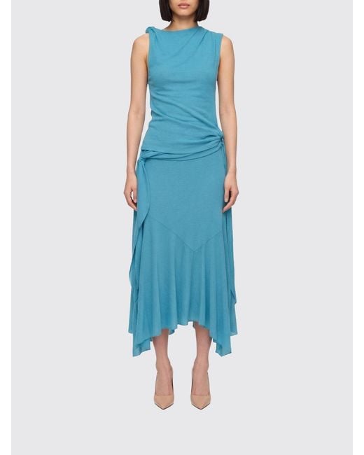 Ganni Blue Asymmetrical Off-The-Shoulder Midi Dress