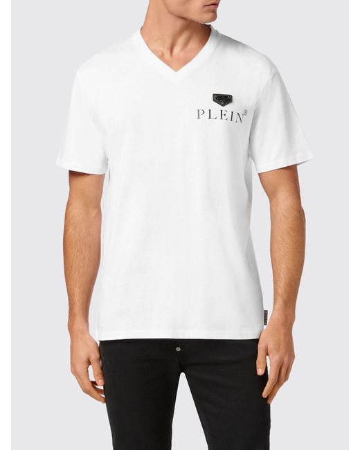 Philipp Plein White Slim Fit Cotton V-Neck T-Shirt With Logo for men