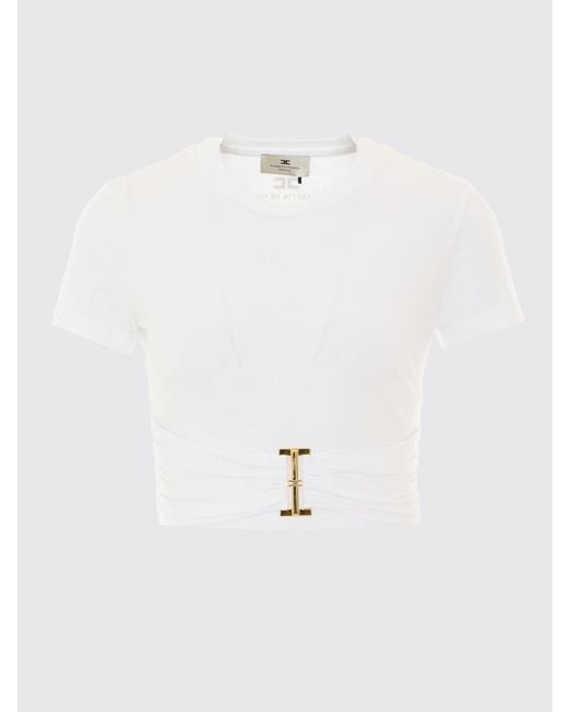 Elisabetta Franchi White Cropped Cotton T-Shirt With Metal Logo Plaque