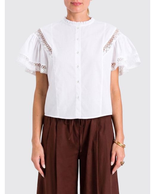 Twinset White Stretch-Cotton Shirt With Macramé Inserts
