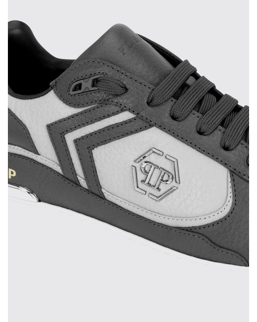 Philipp Plein Gray Pit-$Top Monogram Leather Low-Top Trainers With Hexagon Logo for men