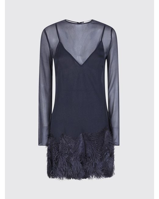 Semicouture Blue Long-Sleeved Chiffon Mini Sheath Dress With Feathers