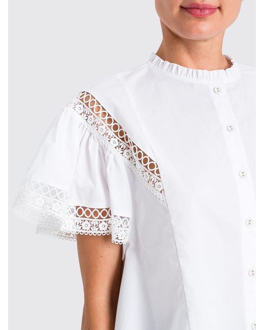 Twinset White Stretch-Cotton Shirt With Macramé Inserts