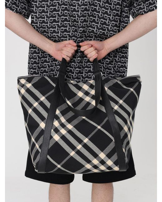 Burberry Black Shopper Bag With Check Pattern for men