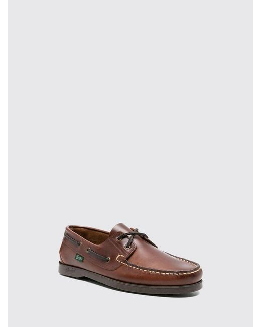 Paraboot Brown Smooth Calfskin Leather Boat Shoes With Rubber Soles for men