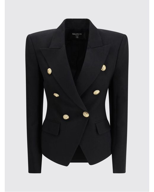 Balmain Black Double-Breasted Wool Blazer With Embossed Buttons And Peak Lapels