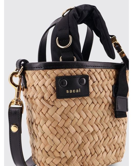 Sacai Natural Woven Raffia And Leather Bag
