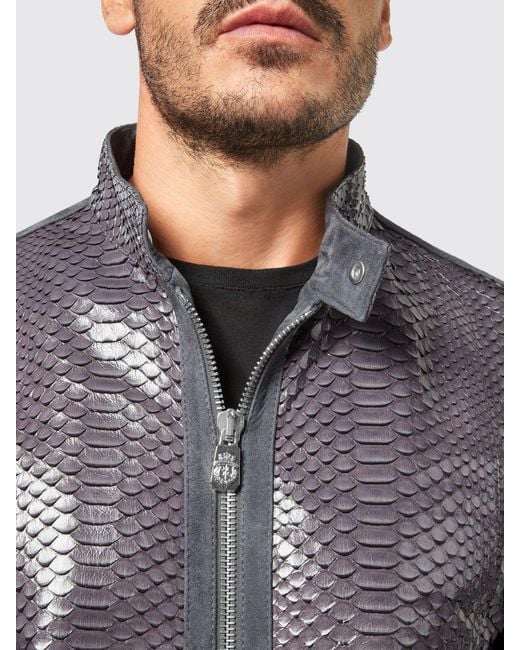 Billionaire Gray Python Leather Bomber Jacket for men