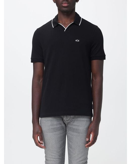 ARMANI EXCHANGE Black Pique Cotton Polo With Logo And Contrasting Details for men
