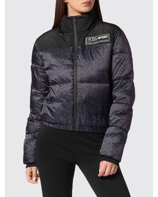 Philipp Plein Black Animal Print Nylon Short Puffer Jacket With High Collar