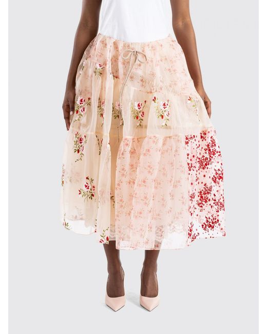 Simone Rocha Pink Floral Print Crêpe Midi Skirt With A Flared Shape And Drawstring