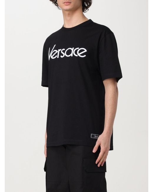 T-shirt en coton imprimé logo Versace pour homme en coloris Black