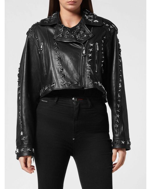 Philipp Plein Black Cropped Leather Biker Jacket With Studs And Stars