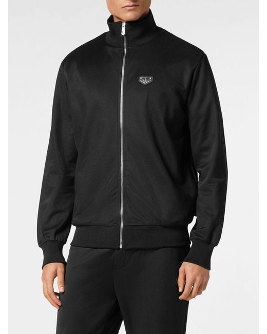 Philipp Plein Black Cotton-Blend High Neck Zip Sweatshirt With Applied Logo for men