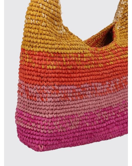 Manebí Pink Rectangular Crochet Raffia Handbag With Stripes