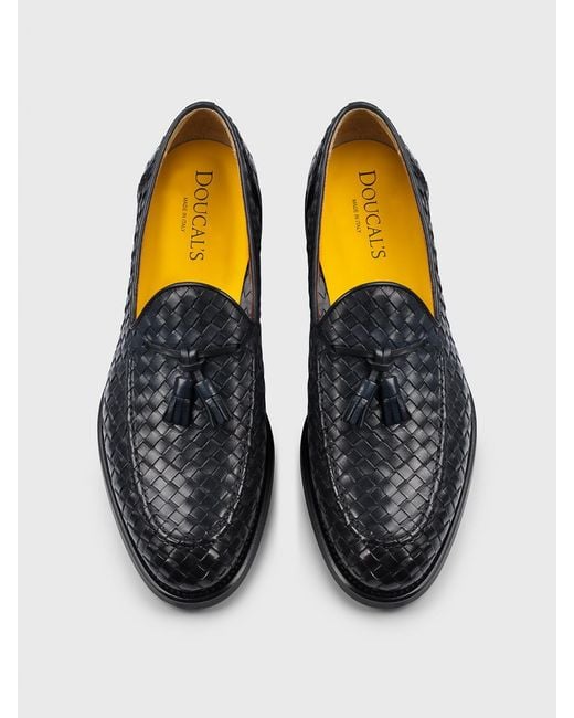 Doucal's Black Woven Leather Loafer With Tassels for men