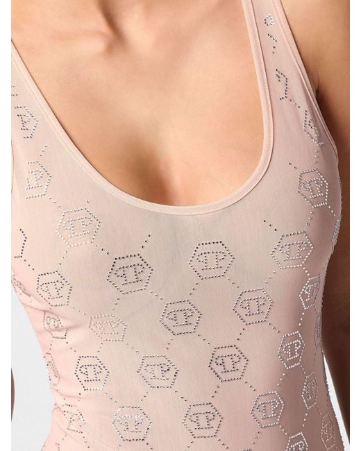 Philipp Plein Pink Rhinestone Jersey Midi Dress