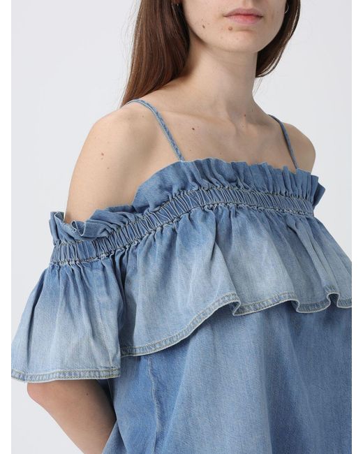 Pinko Blue Cotton Top With Ruffles