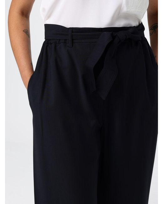 Max Mara Blue Wide Leg Virgin Wool Trousers With Tie Belt