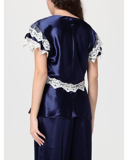 Alberta Ferretti Blue Satin Blouse With Lace Inserts