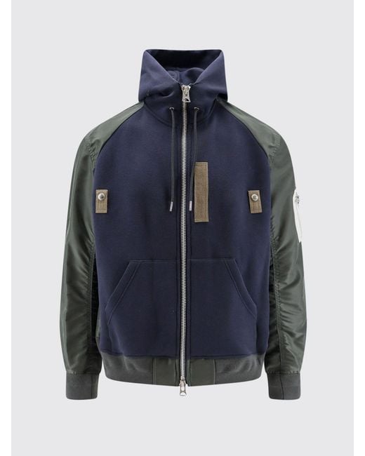 Sacai Blue Bicolour Cotton And Nylon Zip-Up Hoodie With Patch Pocket for men