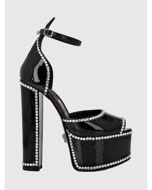 Philipp Plein Black Patent Leather Platform Sandals With High Heel And Rhinestones