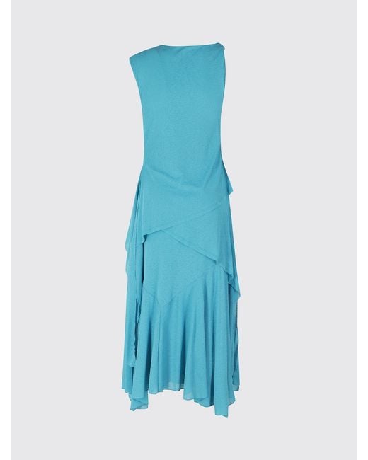 Ganni Blue Asymmetrical Off-The-Shoulder Midi Dress