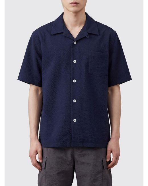 Howlin' By Morrison Blue Stretch-Cotton Bowling Shirt With Cuban Collar And Short Sleeves for men