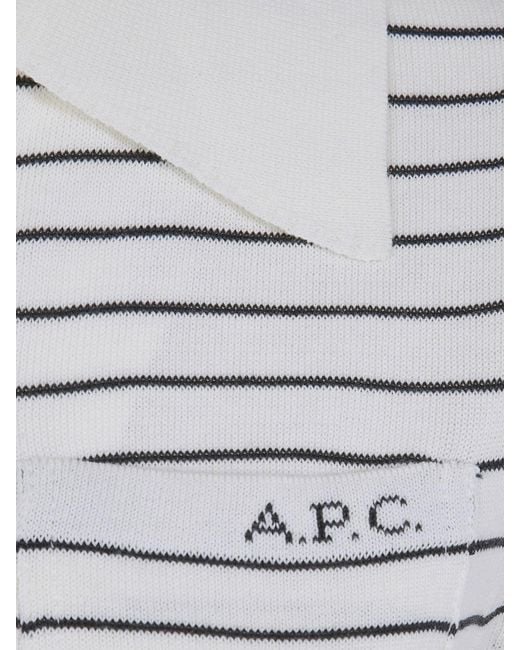 A.P.C. White Striped Knit Cotton Polo Shirt With Short Sleeves And Patch Pocket