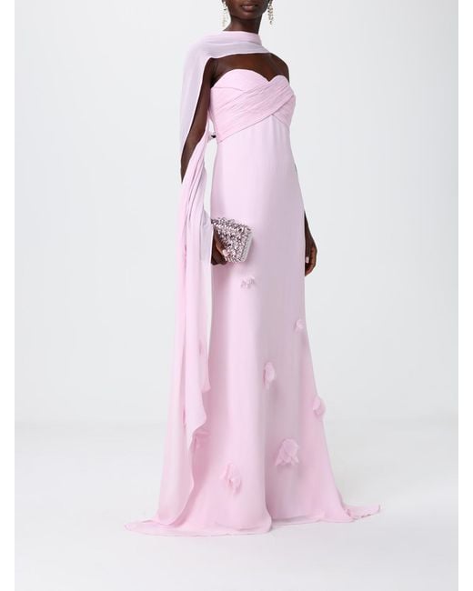 Self-Portrait Pink Long Chiffon Dress With Applied Flowers