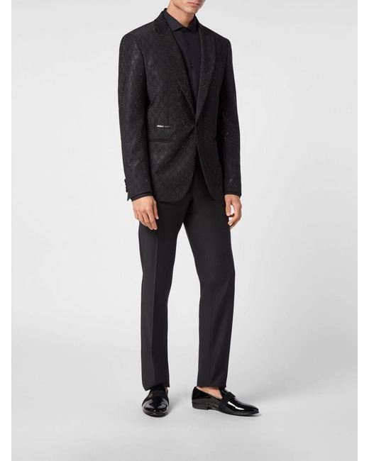 Philipp Plein Black Monogram Slim Fit Wool-Blend Blazer With Hexagon Logo for men