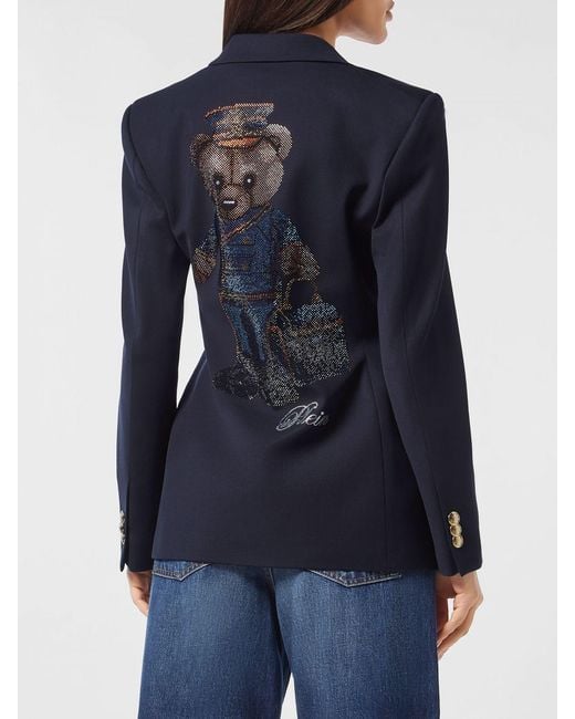 Philipp Plein Blue Slim Fit Double-Breasted Wool-Blend Blazer With Rhinestone Teddy Bear Logo
