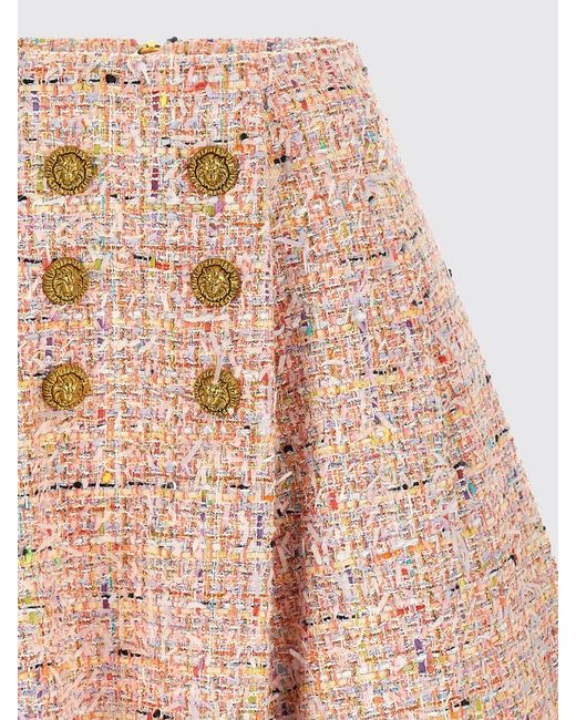 Balmain Pink High-Waisted Tweed Mini Skirt With Abstract Pattern And Frayed Hem