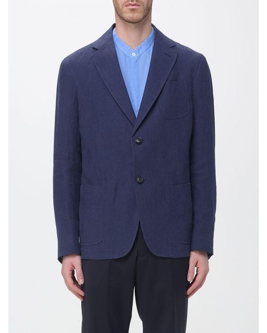 Emporio Armani Blue Single-Breasted Pure Linen Blazer With Notch Lapels And Patch Pockets for men
