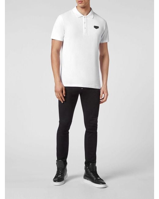Philipp Plein White Slim Fit Cotton Polo Shirt With Hexagon Logo And Ribbed Collar for men