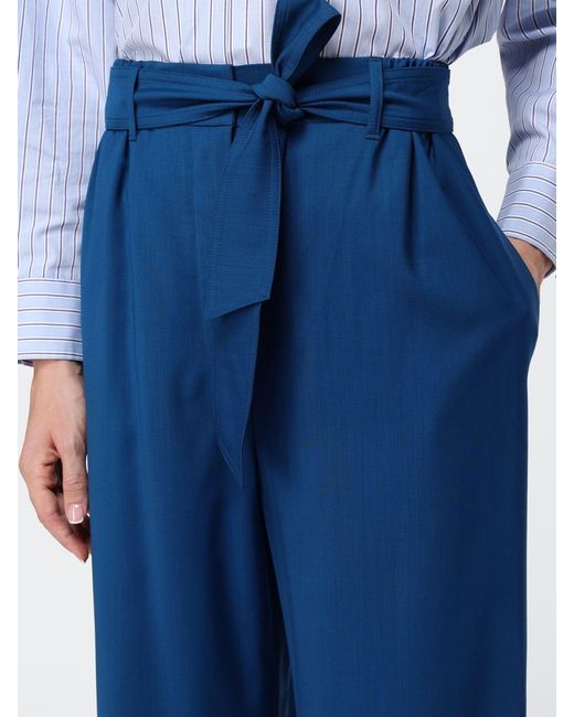 Max Mara Blue Wide Leg Virgin Wool Trousers With Tie Belt