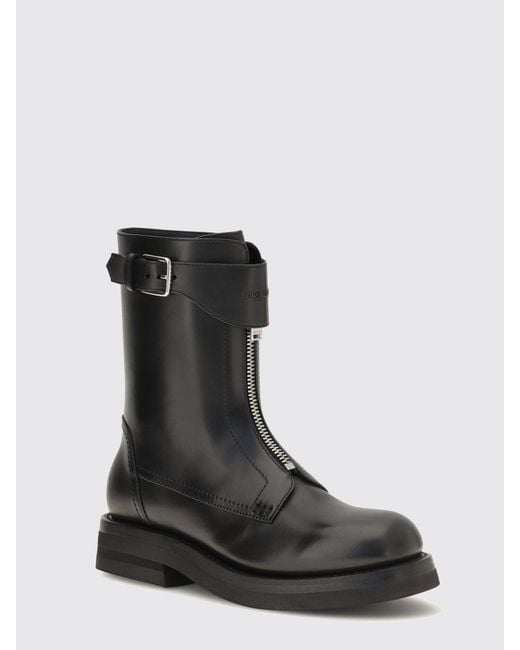 McQueen Black Calfskin Biker Boots With Zip And Strap