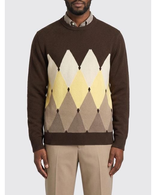 Ballantyne Brown Argyle Cotton And Cashmere Blend Crew Neck Sweater With Slim Fit for men