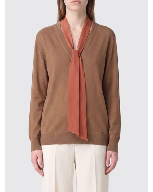 Valentino Garavani Brown Wool V-Neck Jumper With Scarf Collar