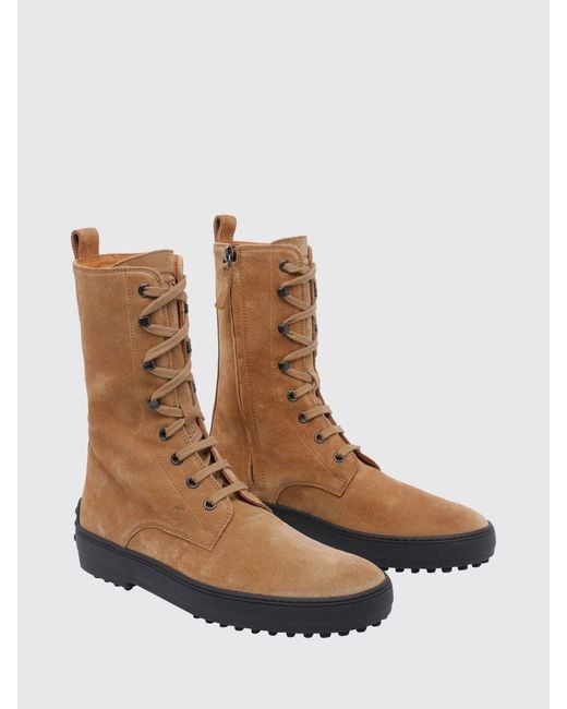 Tod's Brown Calf-High Suede Combat Boots With T Timeless Logo And Gommino Sole