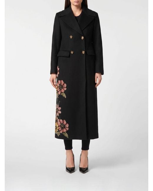 Philipp Plein Black Double-Breasted Wool And Cashmere Coat With Fauna Embroidery And Rhinestones