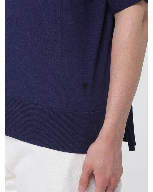 AMI Blue Wool And Silk Polo Shirt for men