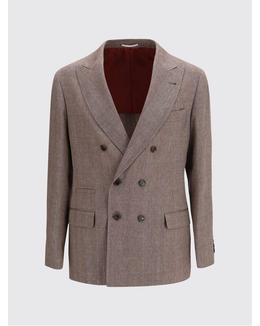 Brunello Cucinelli Brown Double-Breasted Linen And Virgin Wool Blend Blazer for men