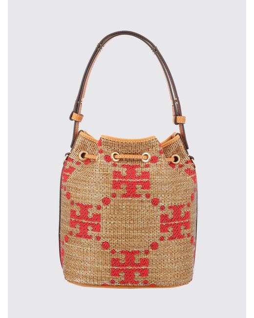 Tory Burch Red T Monogram Mini Raffia Bucket Bag With Jacquard Logo