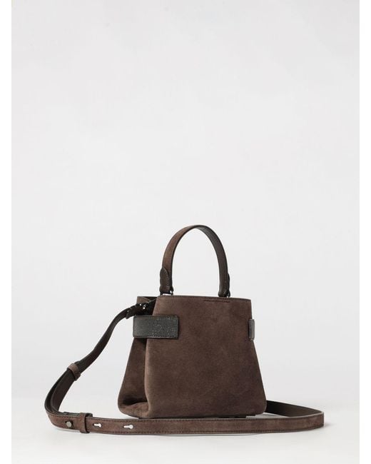 Brunello Cucinelli Brown Small Suede Handbag With Monili Embellishment