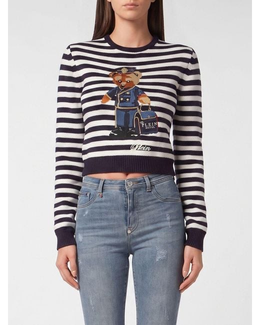 Philipp Plein Blue Cropped Striped Teddy Bear Wool Blend Jumper