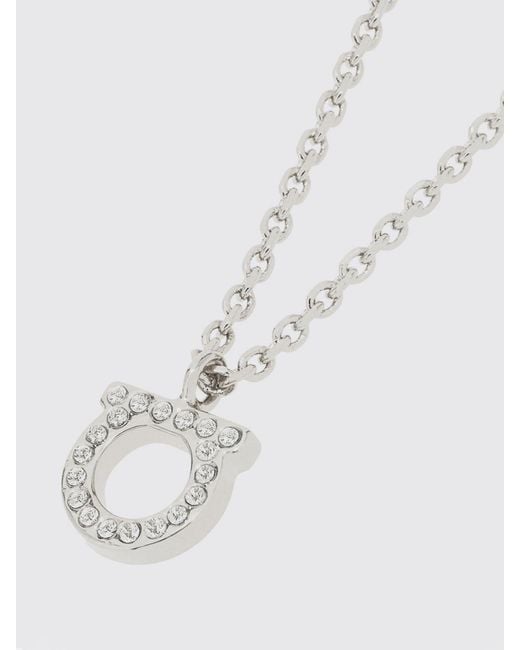 Ferragamo White Tone Brass Logo Necklace With Glass Details