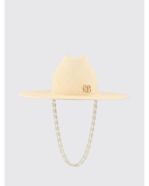 Ruslan Baginskiy White Wide-Brim Raffia Hat With Pearls And Chain Mail