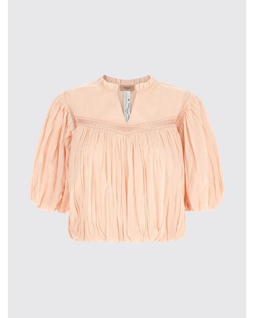Twinset Blue Cropped Cotton Blouse With V-Neck And Puff Sleeves