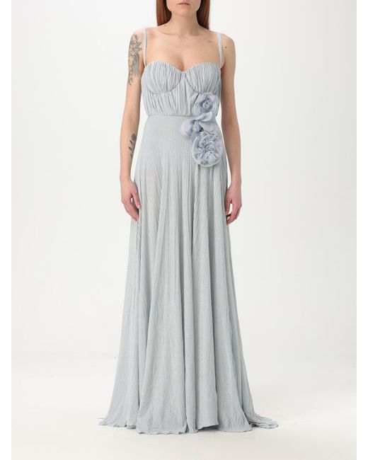 Elisabetta Franchi Gray Pleated Maxi Dress With Floral Applique